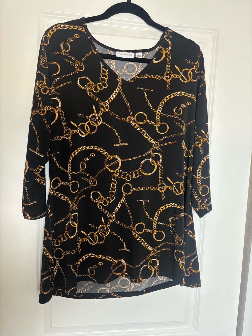 Susan Graver Black Top with Gold Chain Print